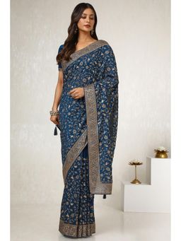 Soch - Women's Blue Tusshar Embroidered and Stone Work Saree with Unstitched Blouse