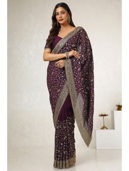 Soch - Women's Wine Tusshar Embroidered and Stone Work Saree with Unstitched Blouse