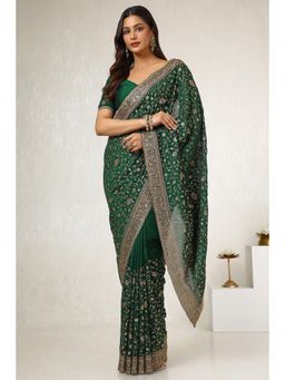 Soch - Women's Green Tusshar Embroidered and Stone Work Saree with Unstitched Blouse