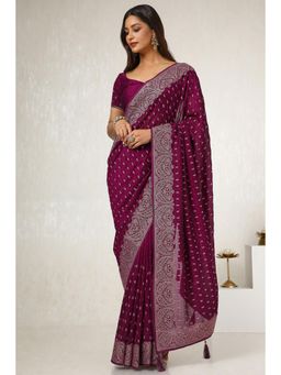 Soch - Women's Wine Tusshar Embroidered and Stone Work Saree with Unstitched Blouse
