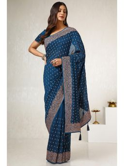 Soch - Women's Blue Tusshar Embroidered and Stone Work Saree with Unstitched Blouse