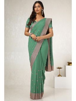 Soch - Women's Light Green Georgette Embroidered and Stone Work Saree with Unstitched Blouse