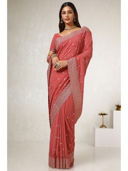 Soch - Women's Peach Georgette Embroidered and Stone Work Saree with Unstitched Blouse