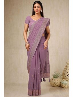 Soch - Women's Lavender Georgette Embroidered and Stone Work Saree with Unstitched Blouse