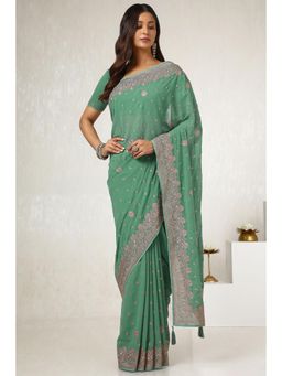 Soch - Women's Light Green Georgette Embroidered and Stone Work Saree with Unstitched Blouse