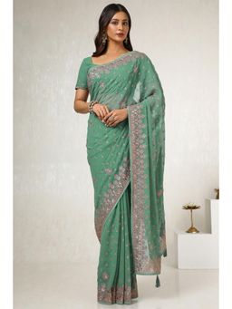 Soch - Women's Sap Green Georgette Embroidered and Stone Work Saree with Unstitched Blouse