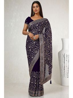 Soch - Women's Purple Georgette Embroidered and Stone Work Saree with Unstitched Blouse