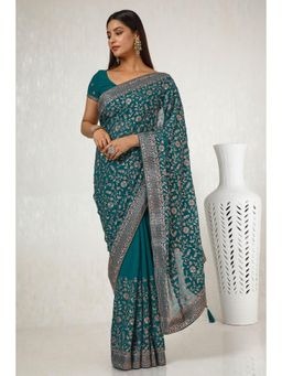 Soch - Women's Teal Georgette Embroidered and Stone Work Saree with Unstitched Blouse