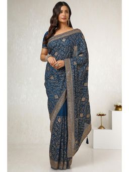 Soch - Women's Blue Tusshar Embroidered and Stone Work Saree with Unstitched Blouse