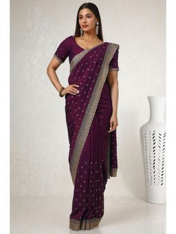 Soch - Women's Wine Tusshar Embroidered and Stone Work Saree with Unstitched Blouse