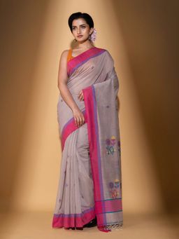 Beatitude - Grey Handspun Cotton Woven Saree with Unstitched Blouse