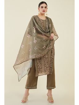 Soch - Women Olive Chanderi Embroidered Dress Material (Set of 3)