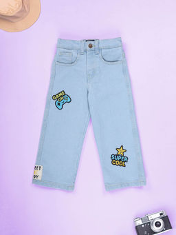 KiddoPanti - Boys Straight Fit Half Waist Elasticated Jeans With Badges