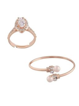 I Jewels - Women Rose Gold-Plated Finger Ring and Wraparound Bracelet Combo
