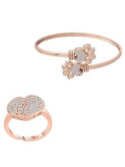 I Jewels - Women Rose Gold-Plated Finger Ring and Wraparound Bracelet Combo