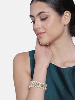 I Jewels - Women White and Gold-Plated Kundan Studded Adjustable Pearl Bracelet