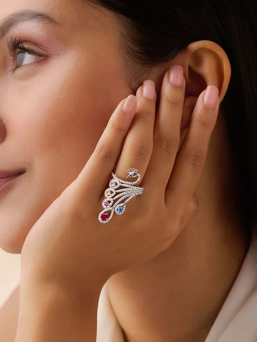 Zavya Peacock s Wings of Wonder Rhodium Plated Ring (Adjustable)