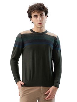 Raymond - Regular Fit Striped Green Sweater