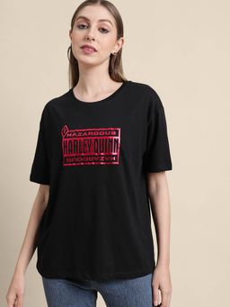 Free Authority - Womens Harlin Quin Front & Back Printed Half Sleeve Black T-shirt