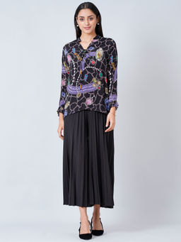 First Resort by Ramola Bachchan - Black Jewel Print Lace-up Top And Pleated Palazzo (Set of 2)