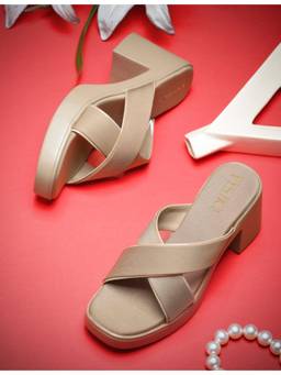 VYSTIQ - Womens Beige Trendy Cross Strap Block Heels