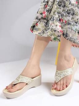 VYSTIQ - Womens Gold Elegant Embroidered Stylish Ethnic Design Wedge Heels