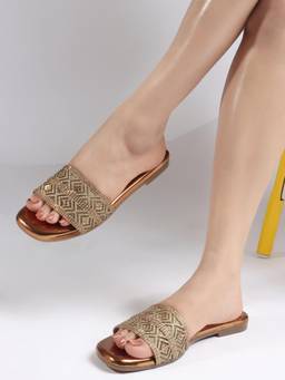 VYSTIQ - Womens Copper Textured Strap Stylish Embellished Ethnic Flats