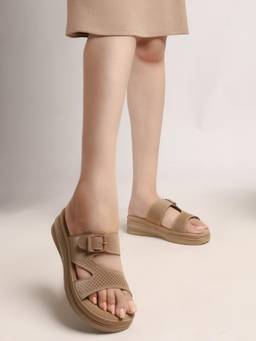 VYSTIQ - Beige Perforated Upper Buckle Detail Slide Women Sandals
