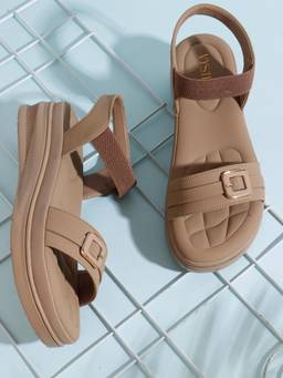 VYSTIQ - Beige Elastic Strap Cushioned Quilted Insole Comfort Womens Sandals