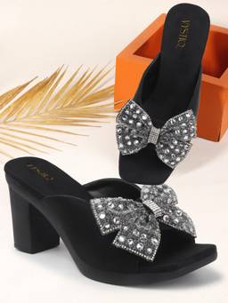 VYSTIQ - Womens Black Soft Sole Bows Design Stylish Comfort Block Heels