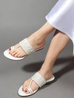 VYSTIQ - Womens White Soft Elegant Pearl Embellished Kolhapuri Flats