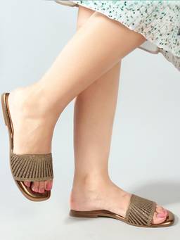 VYSTIQ - Womens Copper Textured Strap Design Stylish Embellished Ethnic Flats