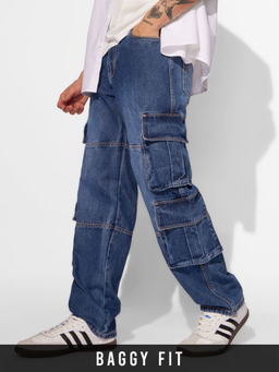 The Souled Store - Mens Washed Blue Cargo Pockets Jeans