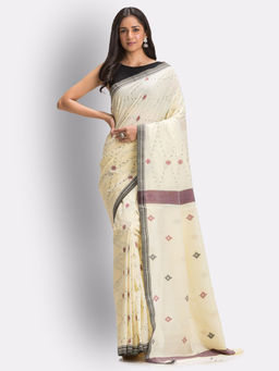 Angoshobha - Cream Handloom Molmol Cotton Jamdani Saree with Unstitched Blouse
