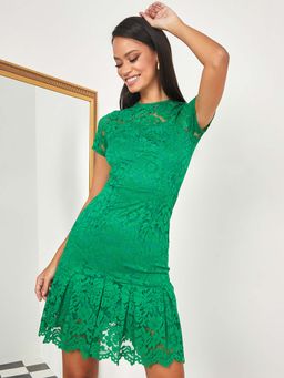 Styli - Green Short Sleeves Round Neck Lace Insert Mini Dress