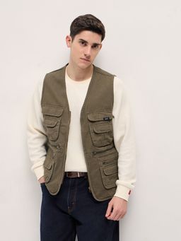 The Bear House - Mens Olive Sleeveless Regular Fit Multi Pockets Jacket