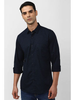 Peter England - Men Navy Blue Slim Fit Printed Full Sleeves Casual Shirt