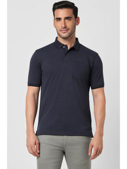 Peter England - Men Navy Blue Solid Collar Neck Polo T-Shirts