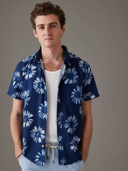 American Eagle - Men Navy Blue Tropical Button-Up Resort Shirt