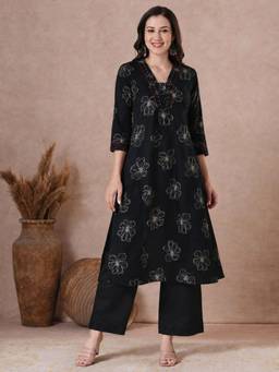 Kami Kubi - Women'S Cotton Floral Black Kurta