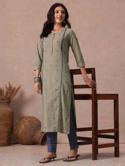 Kami Kubi - Women'S Cotton Embroidered Olive Kurta