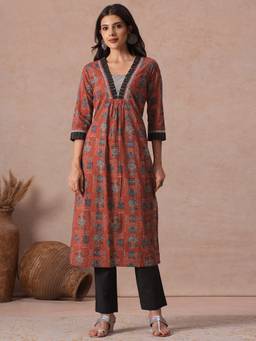 Kami Kubi - Women'S Cotton Floral Rust Kurta