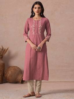 Kami Kubi - Women Cotton Stripes Pink Kurta