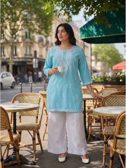 The Suitable - Women'S Cotton Embroidered Blue Kurti