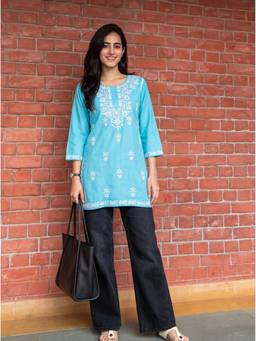 The Suitable - Women Cotton Embroidered Blue Kurti
