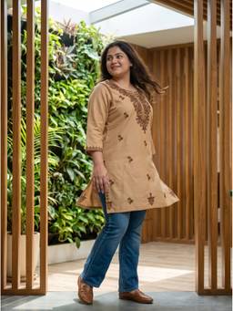 The Suitable - Women'S Cotton Embroidered Brown Kurti