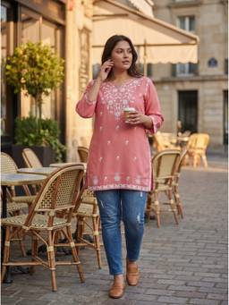 The Suitable - Women'S Cotton Embroidered Peach Kurti