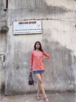 The Suitable - Women Cotton Embroidered Peach Kurti