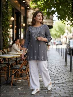 The Suitable - Women'S Cotton Embroidered Grey Kurti