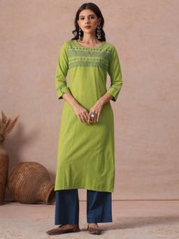 Kami Kubi - Women Cotton Embroidered Green Kurta